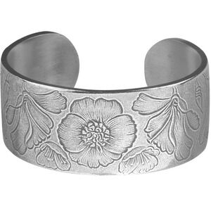 Vintage Salisbury Pewter Silver August Etched Poppy Flower Cuff Bracelet